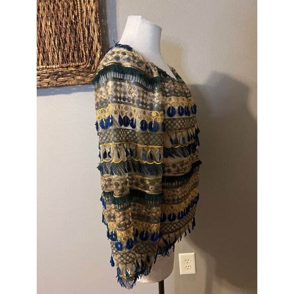 Alice + Olivia Top M Medium Off Shoulder Blue Gold Fringe Sequins - Picture 11 of 11